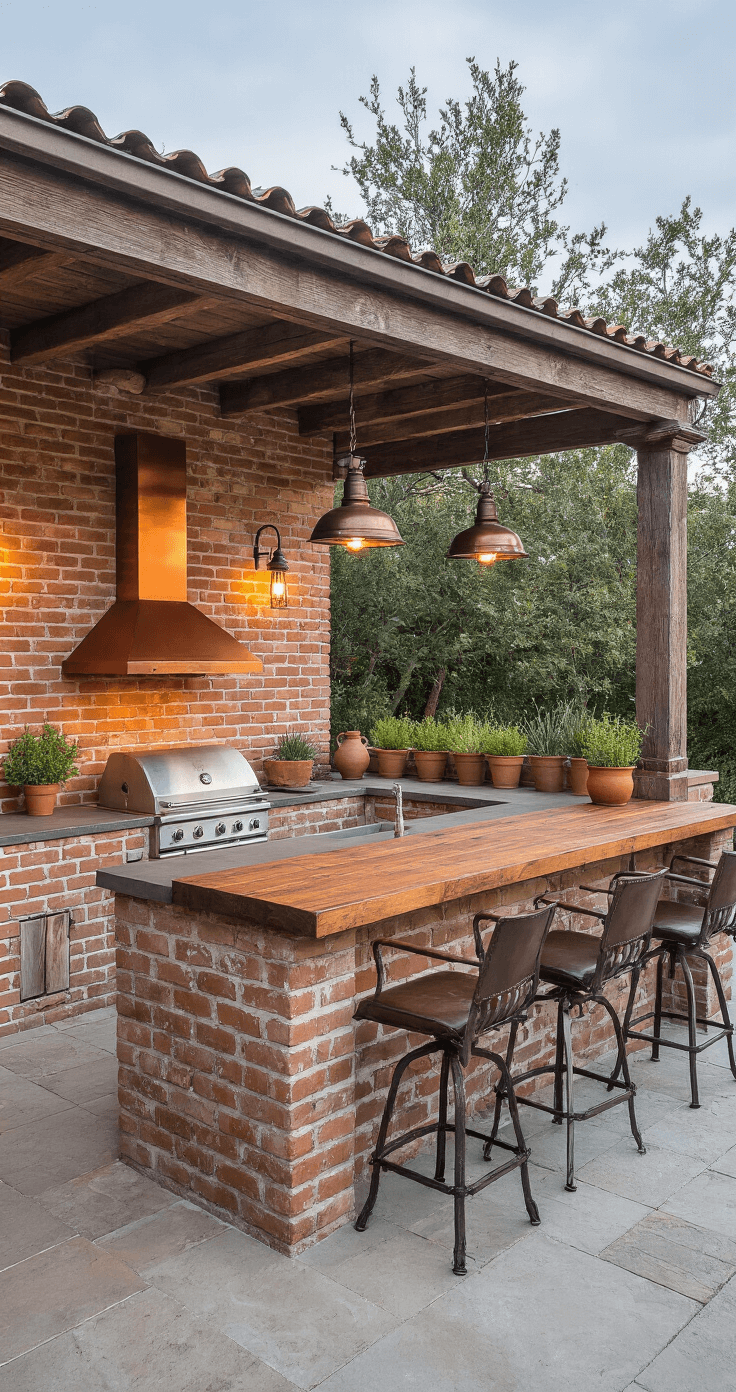 Dusk scene of a rustic outdoor kitchen featuring a weathered brick BBQ island with a copper hood, reclaimed wood countertops, and a built-in smoker, surrounded by vintage industrial pendant lights and terra cotta planters of Mediterranean herbs, with distressed leather and iron bar stools, captured from a low angle to highlight textures.