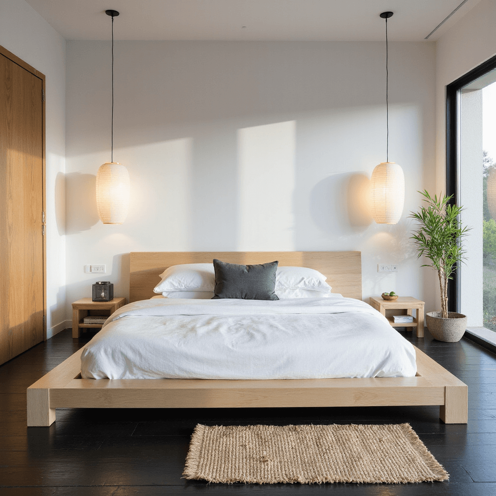 Zen-inspired bedroom with a low blonde maple platform bed dressed in white cotton, charcoal accent pillow, paper lanterns casting shadows, black bamboo flooring, natural sisal rug, and sliding shoji screens, all in soft morning light.