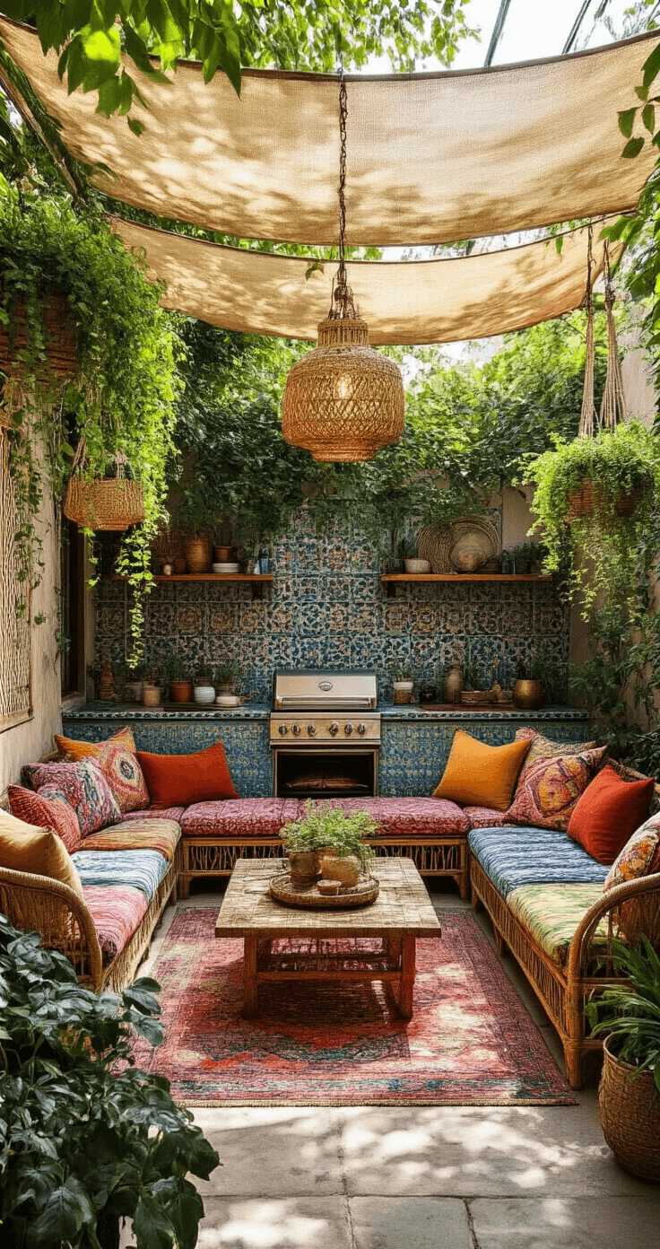 A vibrant boho BBQ garden featuring a Moroccan tile-clad cooking station surrounded by jewel-toned mixed-pattern cushions, macramé plant hangers with trailing vines, and rattan pendant lights, all illuminated by afternoon sun through a canvas shade sail, captured from above at a 30-degree angle.