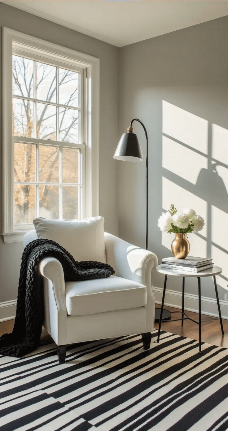 A cozy bedroom corner with a plush white armchair draped in a black knit throw, a black floor lamp overhead, and a small side table with art books and a gold vase. Walls painted dove gray and a black and white striped rug complete the serene, sunlit atmosphere.