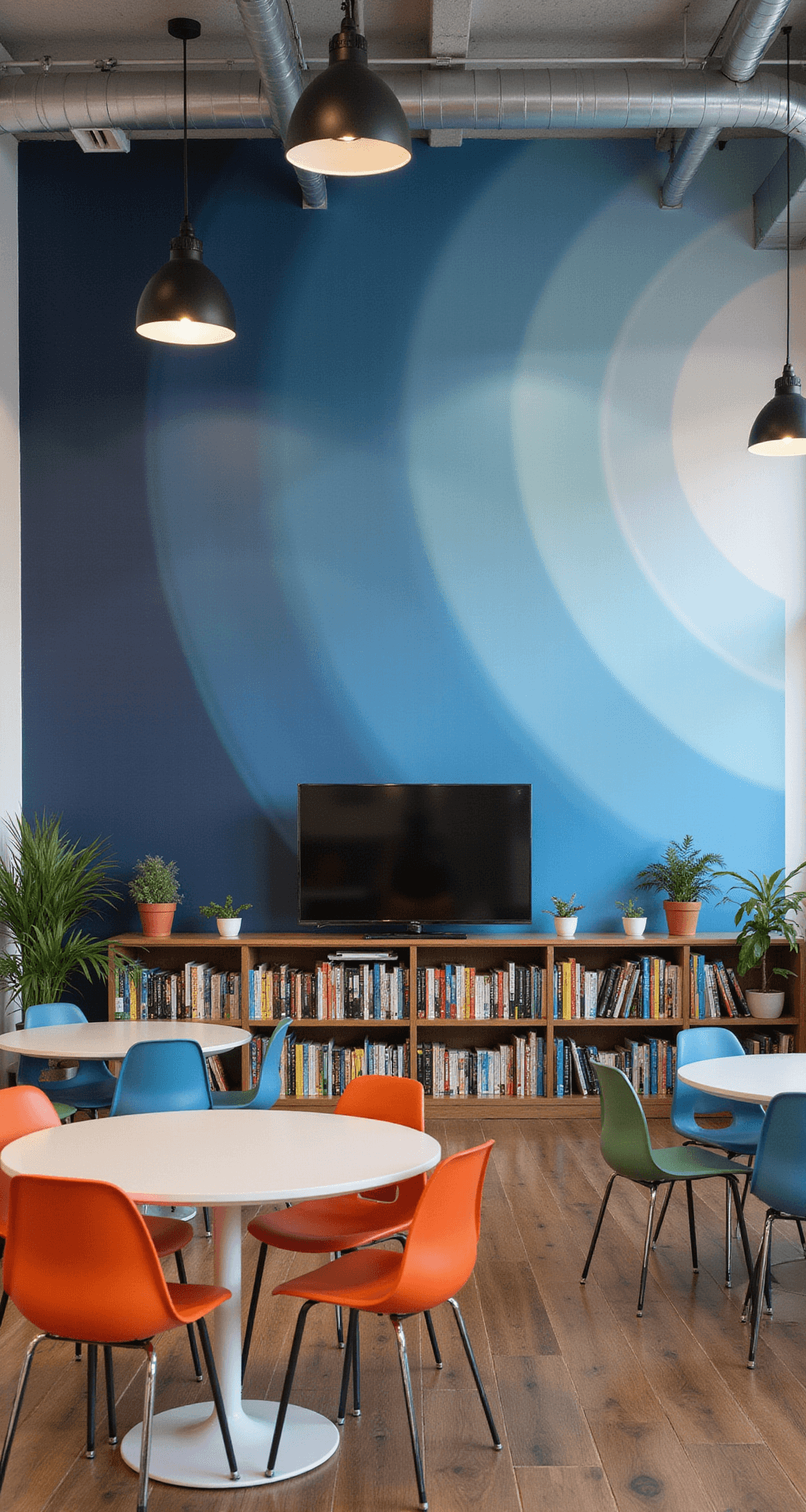 A modern classroom with high ceilings, exposed ductwork, and a blue ombre wallpaper wall featuring a library of colorful books on floating shelves. The space includes contemporary collaborative furniture, potted plants, and ambient lighting from pendant lights, creating a warm and inviting atmosphere.