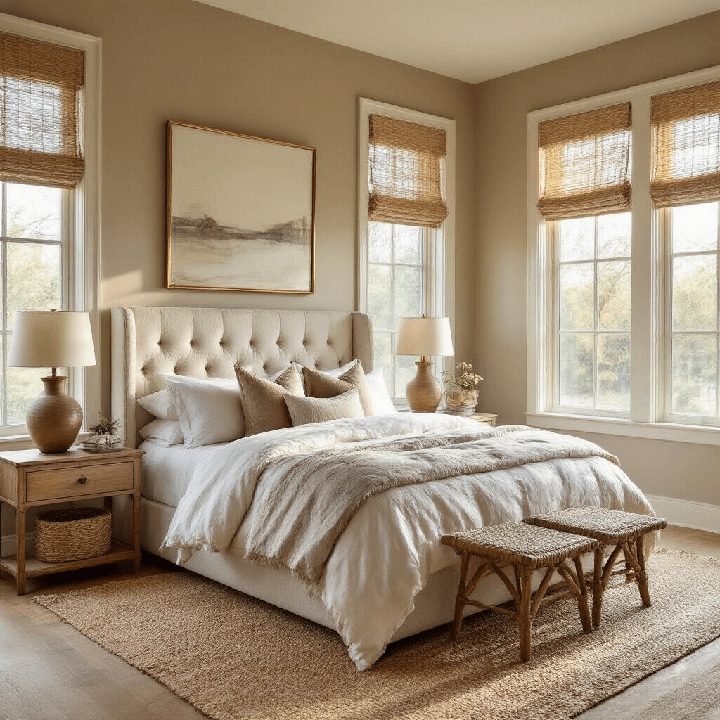 A serene master bedroom bathed in golden hour light, featuring a king-sized bed with ivory and soft taupe linens, a tufted upholstered headboard, and natural textures like a jute rug and woven bamboo shades. Brass accents highlight the decor, while fresh eucalyptus adds a touch of greenery. The image is captured from the entrance, emphasizing depth with leading lines toward the floor-to-ceiling windows.