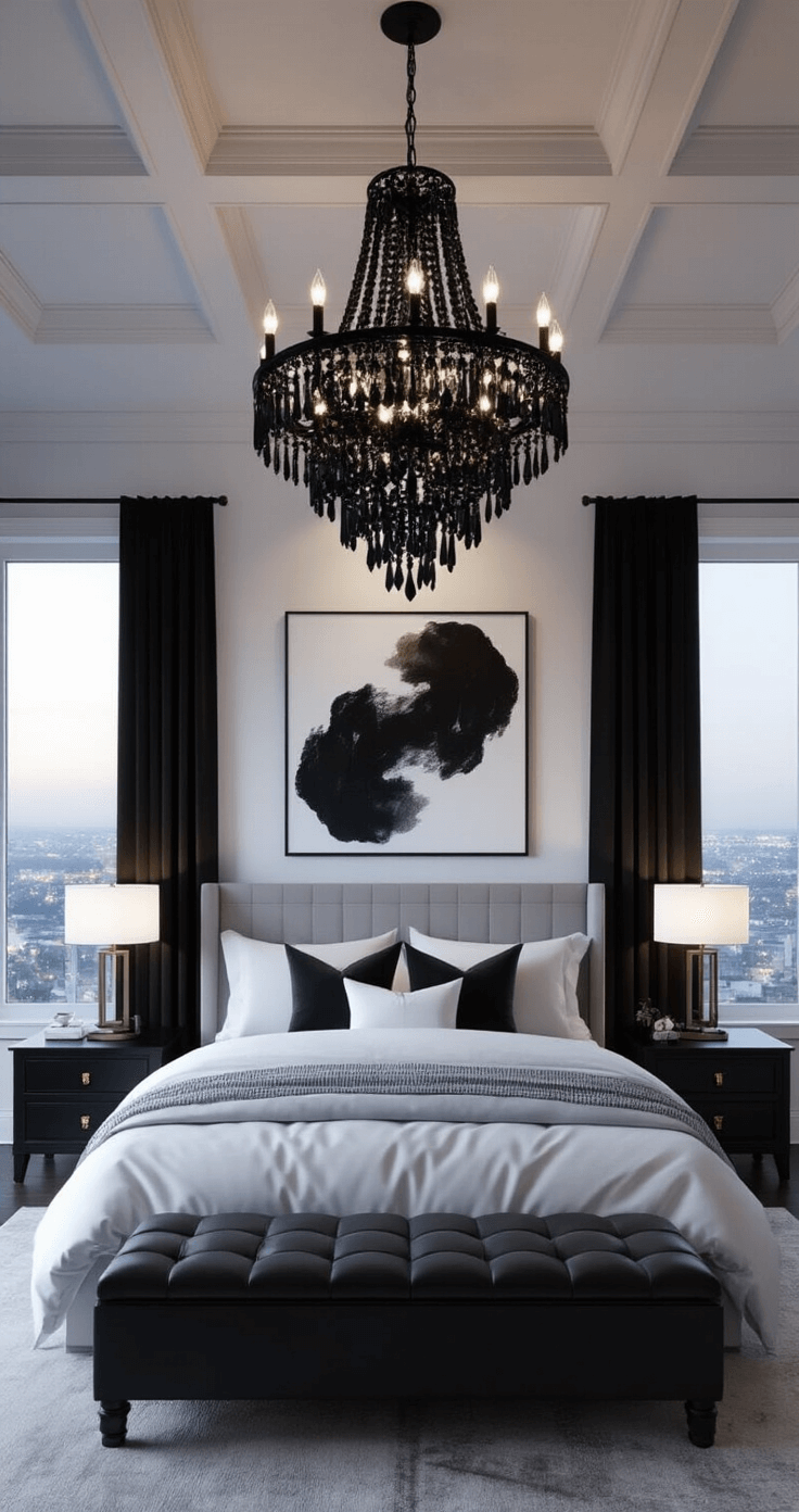 A dramatic bedroom at twilight featuring a black crystal chandelier casting intricate shadows on white walls, a king-size bed with layered white and gray linens, black nightstands with brass hardware, an abstract black and white canvas above the headboard, and sheer black curtains framing floor-to-ceiling windows showcasing city lights, all captured from the foot of the bed with moody, low-key lighting.