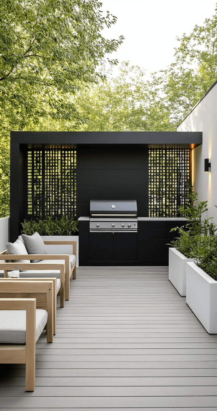 A minimalist elevated deck featuring a matte black built-in grill, bleached teak furniture, and white concrete planters, illuminated by cool morning light with float-effect LED strip lighting and geometric privacy screens.