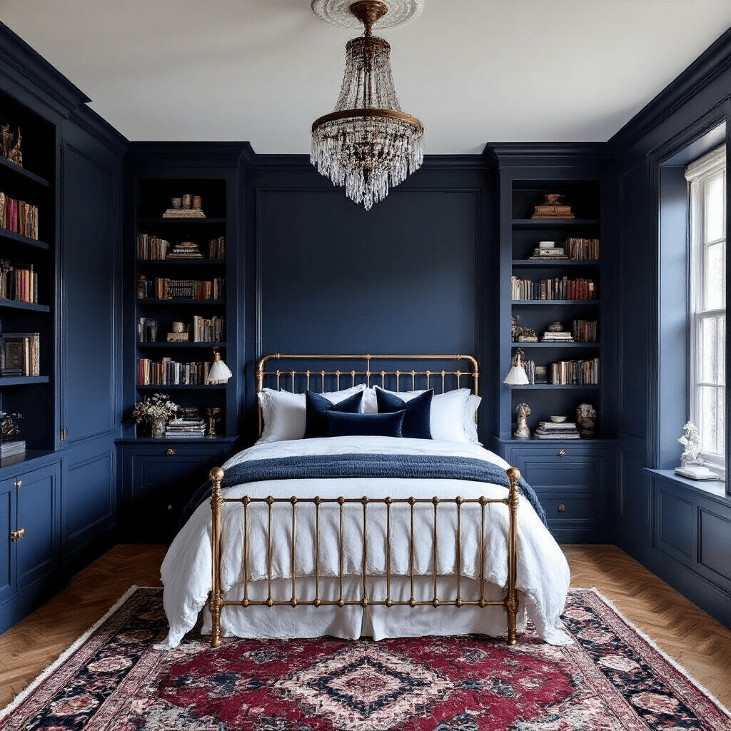 Moody north-facing bedroom with deep navy walls, vintage brass bed frame, built-in bookshelves, crisp white linens with jewel-toned velvet pillows, and a crystal chandelier, featuring herringbone hardwood floors and a vintage Persian rug, captured from a low-angle shot to emphasize architectural details.
