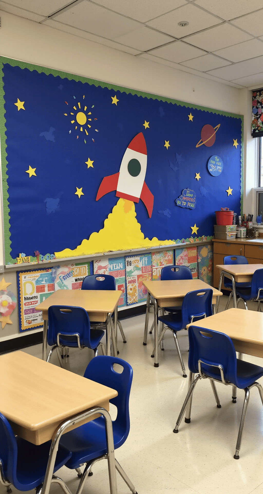 An elementary classroom featuring a vibrant space-themed bulletin board with a rocket ship, stars, and planets against a deep blue background, student desks arranged in a semicircle, large windows with colorful curtains, and a neatly organized teacher's desk, all illuminated by soft, diffused lighting.
