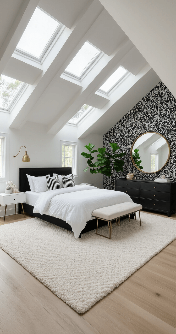 Bright and airy master bedroom featuring vaulted ceilings, white beams, a California king bed with white linen bedding, and a geometric black and white accent wall, illuminated by morning light through skylights. A sleek black dresser with a round brass-framed mirror and potted fiddle leaf figs decorates the space, complemented by a plush white area rug over light oak flooring.