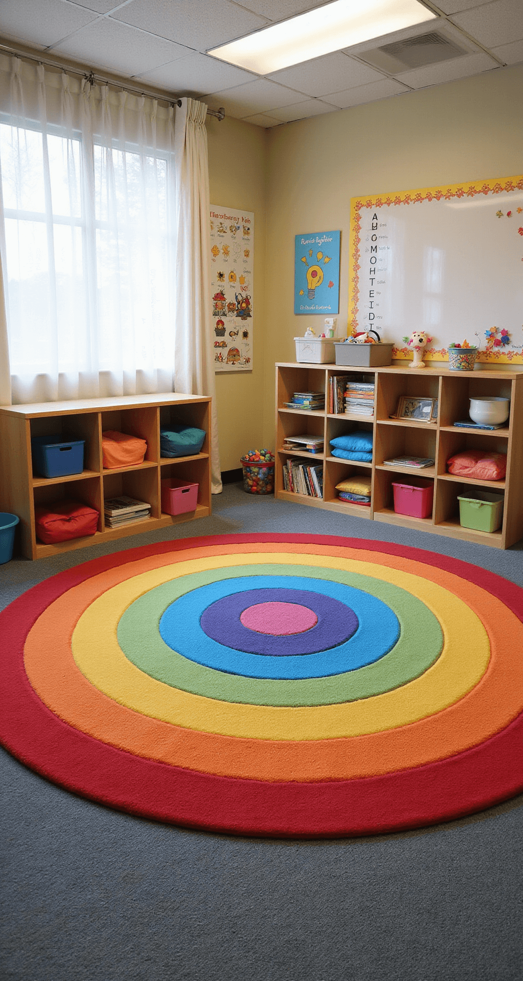 A cheerful kindergarten classroom featuring a large circular rainbow rug at the center, surrounded by pastel-colored low shelves filled with educational materials, a cozy reading nook with floor cushions, and walls decorated with alphabet charts and number lines, all illuminated by natural light through sheer curtains.