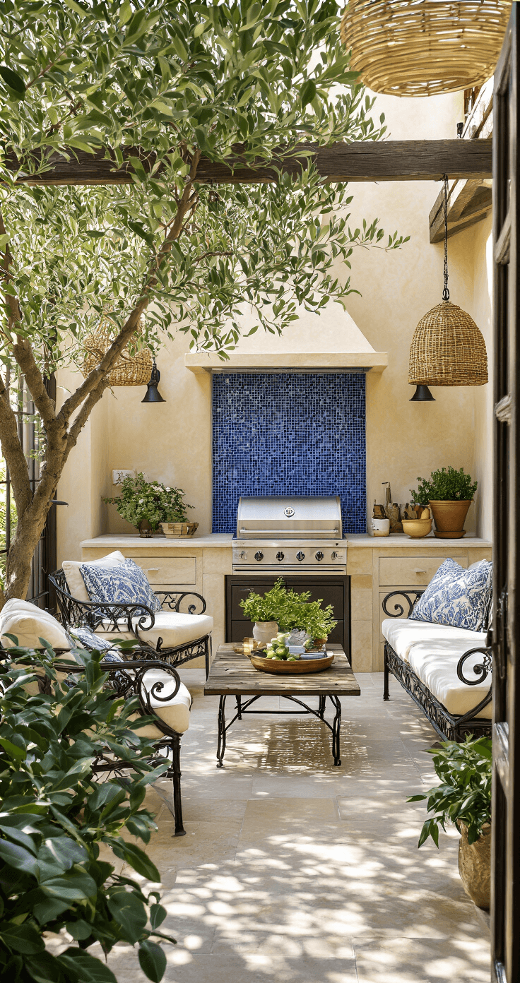 A cozy Mediterranean courtyard during golden hour, featuring a limestone cooking station with a blue mosaic backsplash, aged terracotta olive trees, and wrought iron furniture with cream cushions, all illuminated by soft, dappled shadows from woven pendant lights.