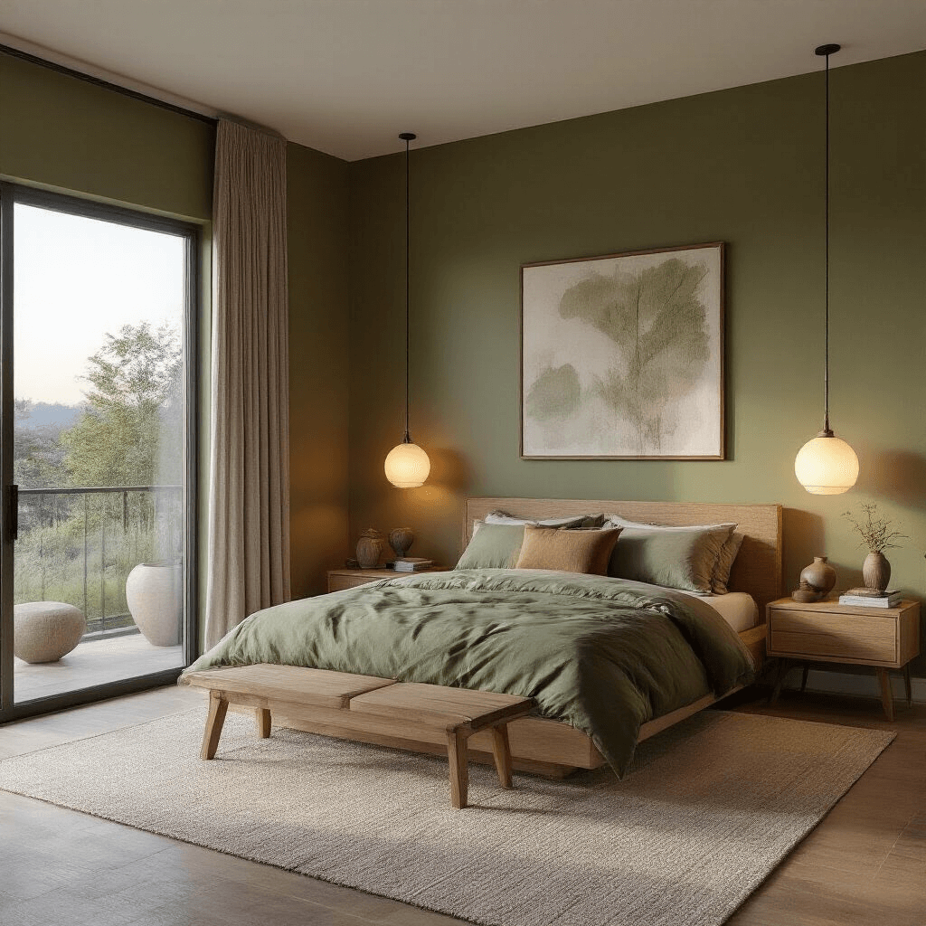 Contemporary bedroom suite at twilight with an olive green accent wall behind a platform bed, illuminated by floor lamps highlighting grasscloth wallpaper. Features minimalist oak furniture, sculptural ceramics, and abstract art, captured with a wide-angle lens from an elevated position.