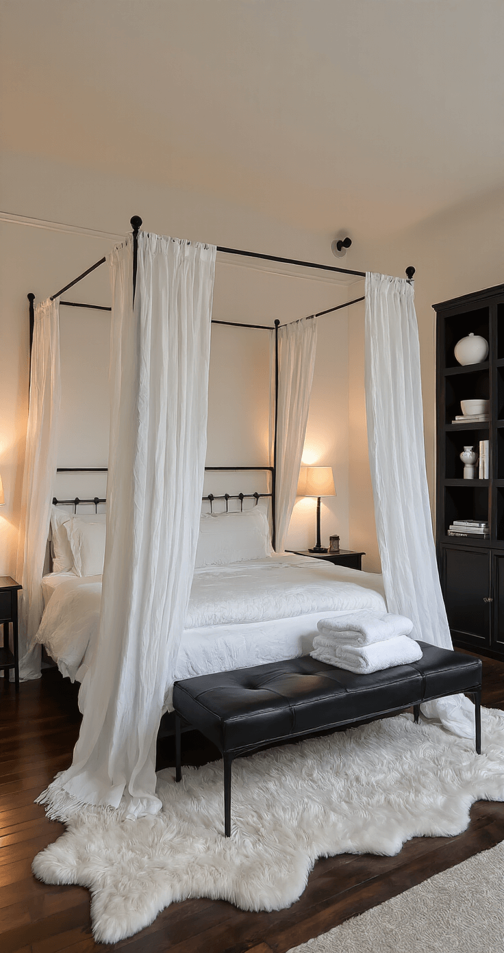 A cozy 13x15ft bedroom at dusk featuring a black metal canopy bed with sheer white curtains, warm off-white walls, dark hardwood floors, a white sheepskin rug, and a black leather bench adorned with white towels, all softly illuminated by black sconces.