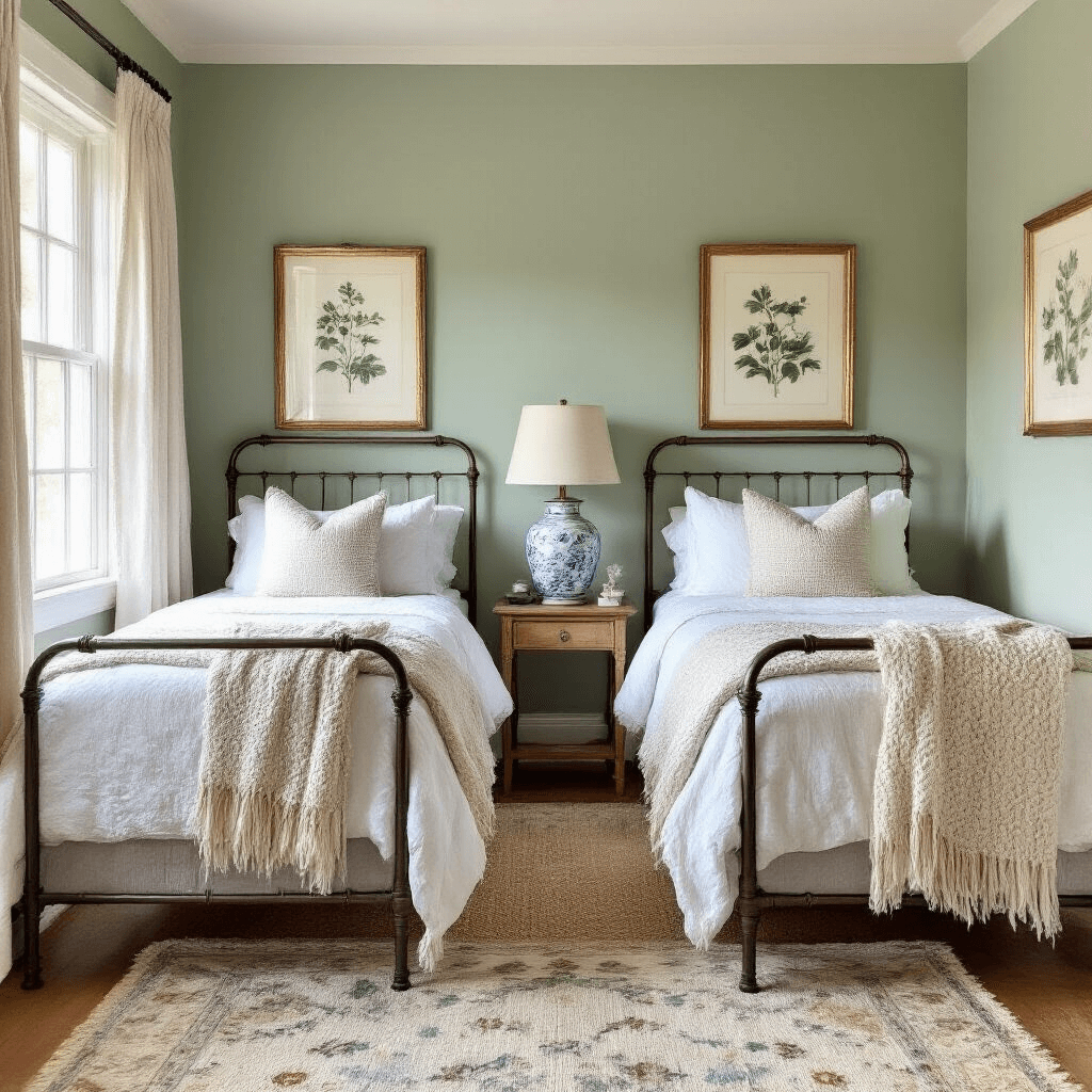 Cozy guest bedroom featuring twin iron-frame beds with cloud-white linens, soft sage green walls, botanical prints, vintage ceramic lamps, and layered rugs, illuminated by morning light through sheer curtains.