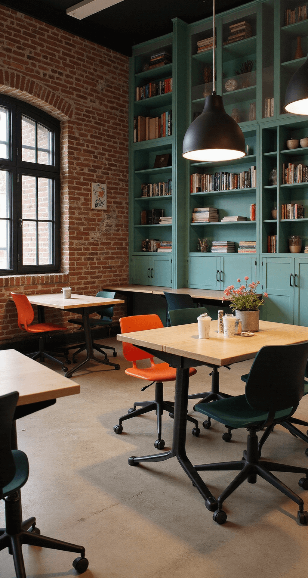 A middle school classroom with exposed brick wallpaper, floor-to-ceiling ombre bookshelves in dark green to mint, modern pendant lights, grouped workstations with adjustable chairs, and a creative corner featuring an inspiration board and art supplies, all in earthy tones with teal and orange accents. The image is taken from a slightly off-center angle, highlighting the room's depth and texture.
