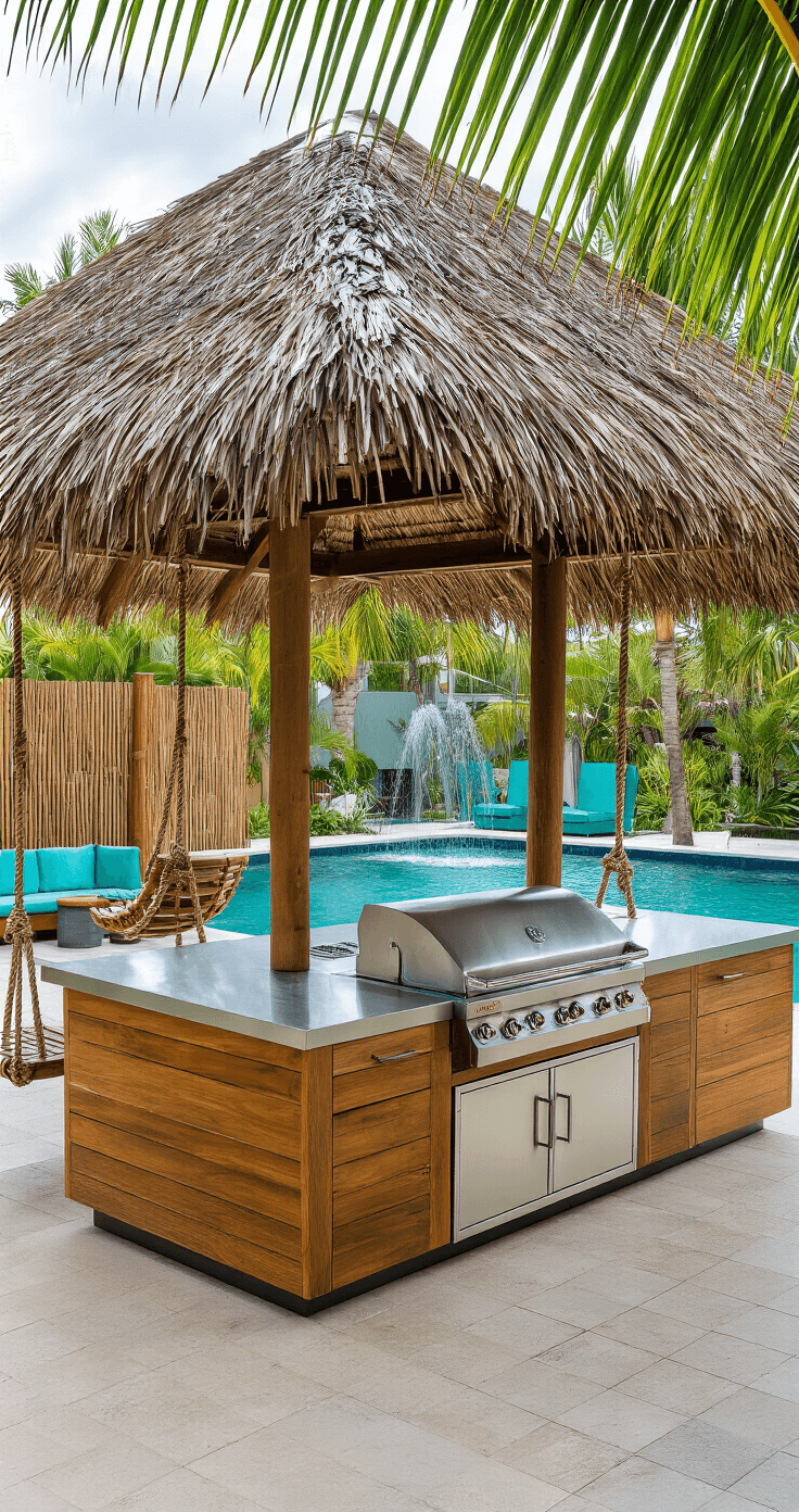 Mid-morning view of a tropical grill oasis featuring a 25x30ft poolside BBQ area with a thatched roof pavilion, teak and stainless steel cooking island, turquoise accents, and palm fronds providing shade. Rope swing chairs and bamboo screens enhance the atmosphere, while a water feature is visible from the corner angle shot.
