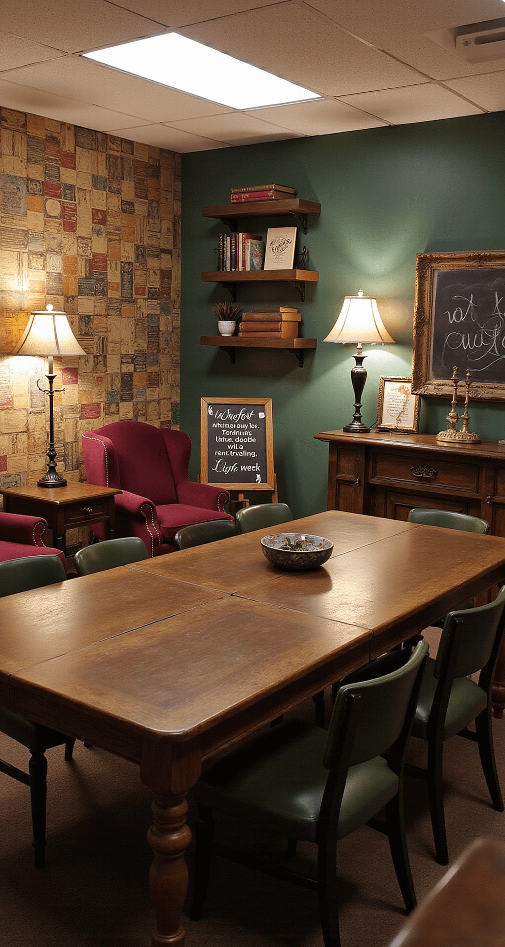 A cozy high school English classroom with vintage book spine wallpaper, a rustic wooden discussion table, jewel-toned armchairs, floating shelves displaying student projects, and a chalkboard easel featuring a quote of the week, all bathed in warm lighting.