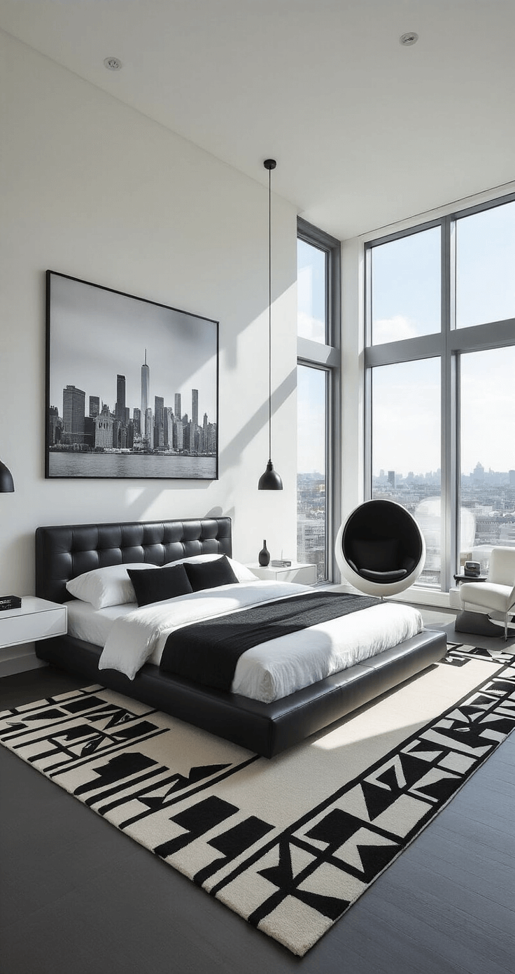 A modern bedroom featuring a platform bed with a black leather headboard, white walls, dark gray flooring, and large floor-to-ceiling windows, accented by a city skyline photograph and minimalist decor.
