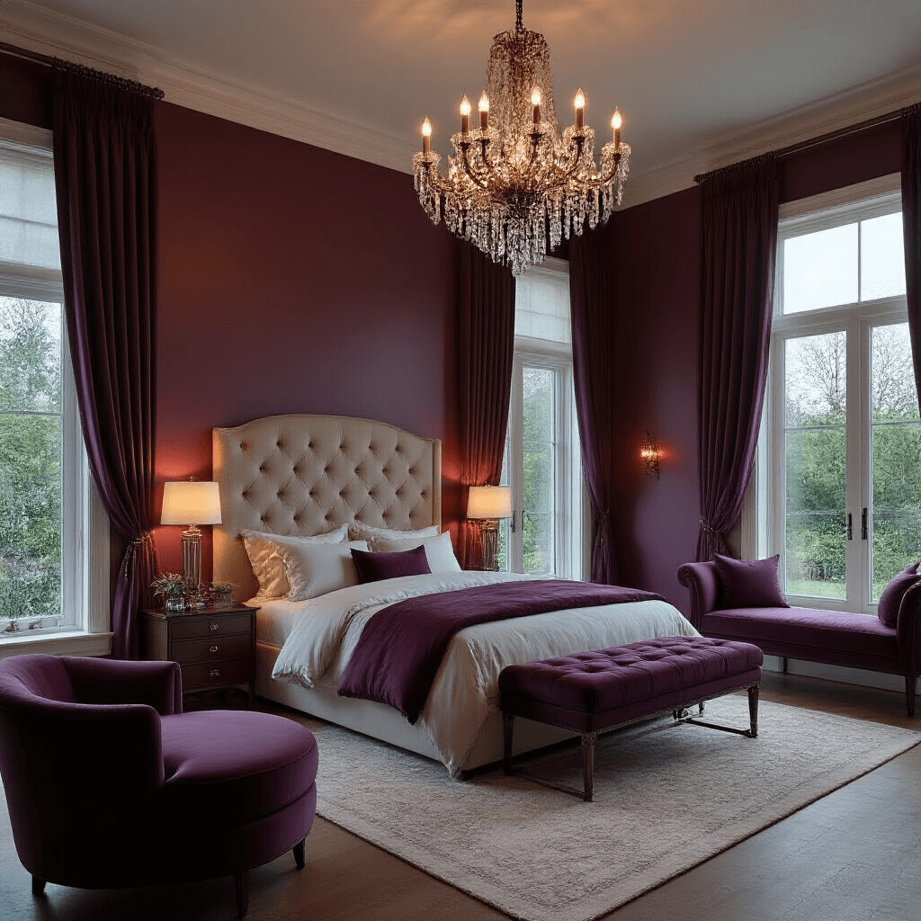 Luxurious primary bedroom at dusk featuring a deep plum accent wall behind an oversized upholstered headboard, a dimmed crystal chandelier, silk drapery framing garden views, a velvet chaise in a window nook, and metallic grasscloth wallpaper reflecting warm sconces, captured at a 45-degree angle to highlight architectural details and luxury finishes.