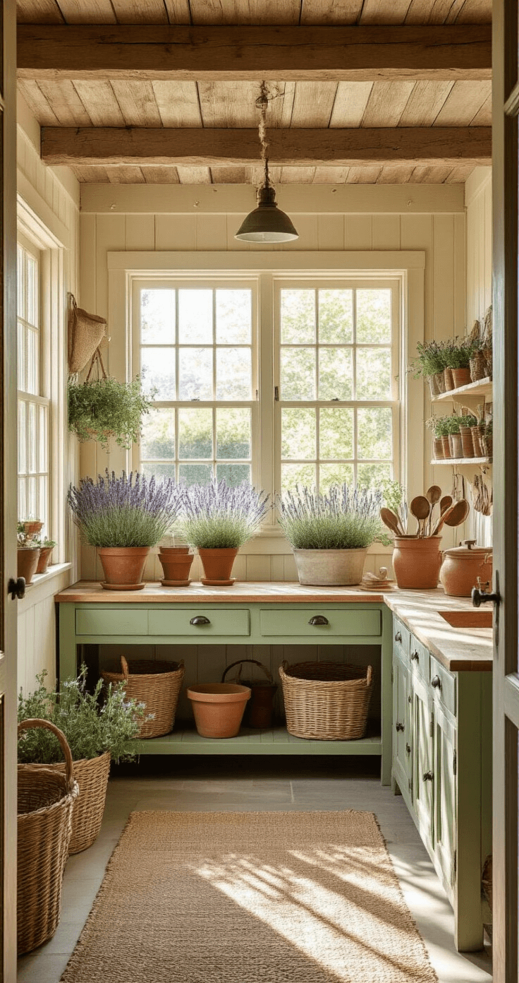 Interior of a cozy cottage garden shed at golden hour, featuring weathered oak beams, large windows, a vintage sage green potting bench with terracotta pots, a pegboard displaying antique tools, and cascading plants, all captured with a soft focus for a warm nostalgic feel.
