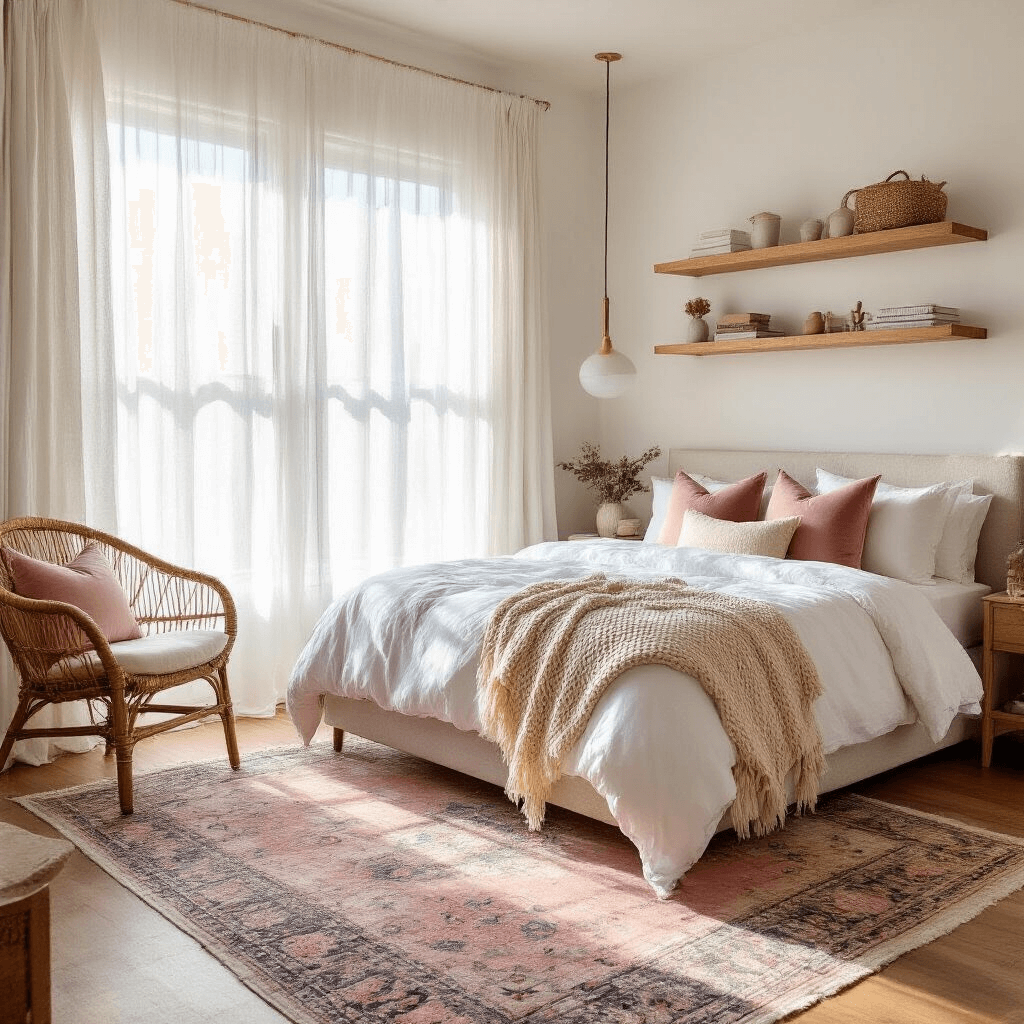 A cozy 10x12ft bedroom featuring a queen bed with white linens and a gray throw, illuminated by golden hour sunlight through sheer white curtains, complemented by rattan furniture and a vintage Persian rug.