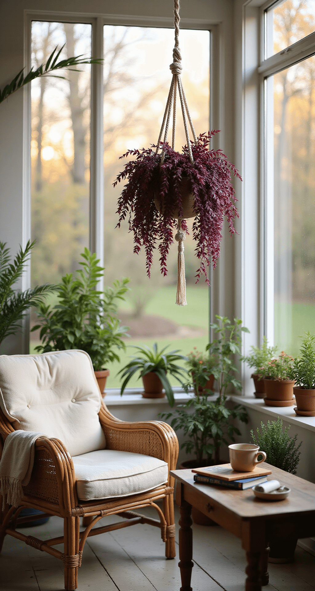 Cozy sunroom with floor-to-ceiling windows, late afternoon light, a cascading Purple Heart plant, rattan armchair, and various potted plants, emphasizing warmth and tranquility.