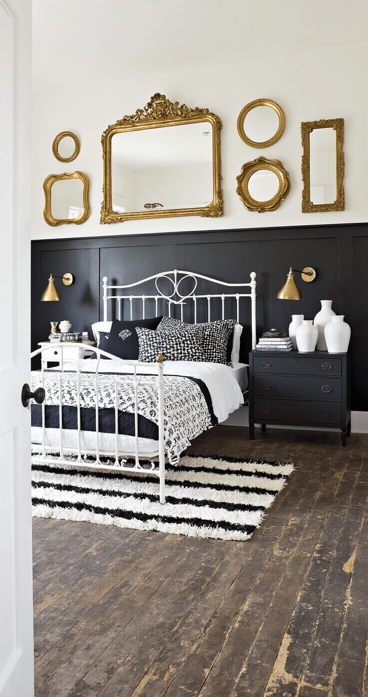 A cozy eclectic bedroom at sunset featuring a white wrought iron bed with black and white patterned bedding, a black accent wall decorated with gold-framed mirrors, mismatched nightstands, a vintage black dresser, and a shaggy black and white striped rug, all bathed in warm golden light.