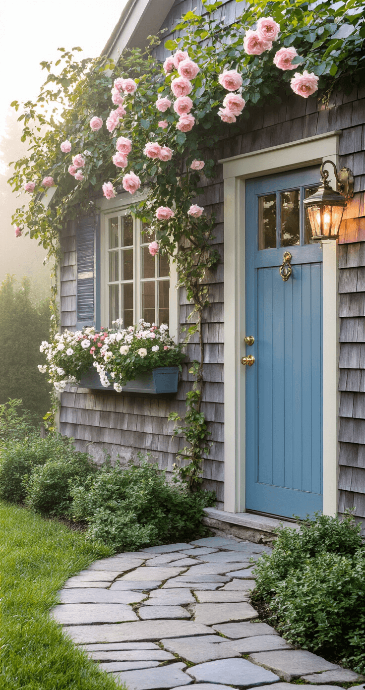 Low-angle view of a garden shed at dawn, featuring climbing roses on cedar shingles and a curved stone path leading to a blue Dutch door. Dew glistens on brass hardware and a crystal doorknob, while window boxes brim with pink and white flowers, all set against a misty morning backdrop.