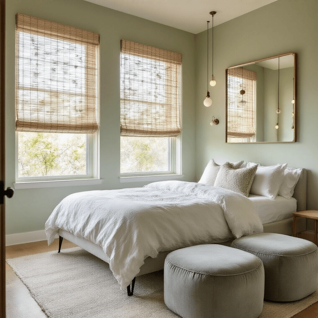 A cozy 8x10ft bedroom at dawn features a twin bed with white linen bedding against pale sage green walls, diffused light through bamboo blinds, minimalist wall-mounted lights, light gray velvet storage ottomans, and a large mirror amplifying light, all captured from eye level.