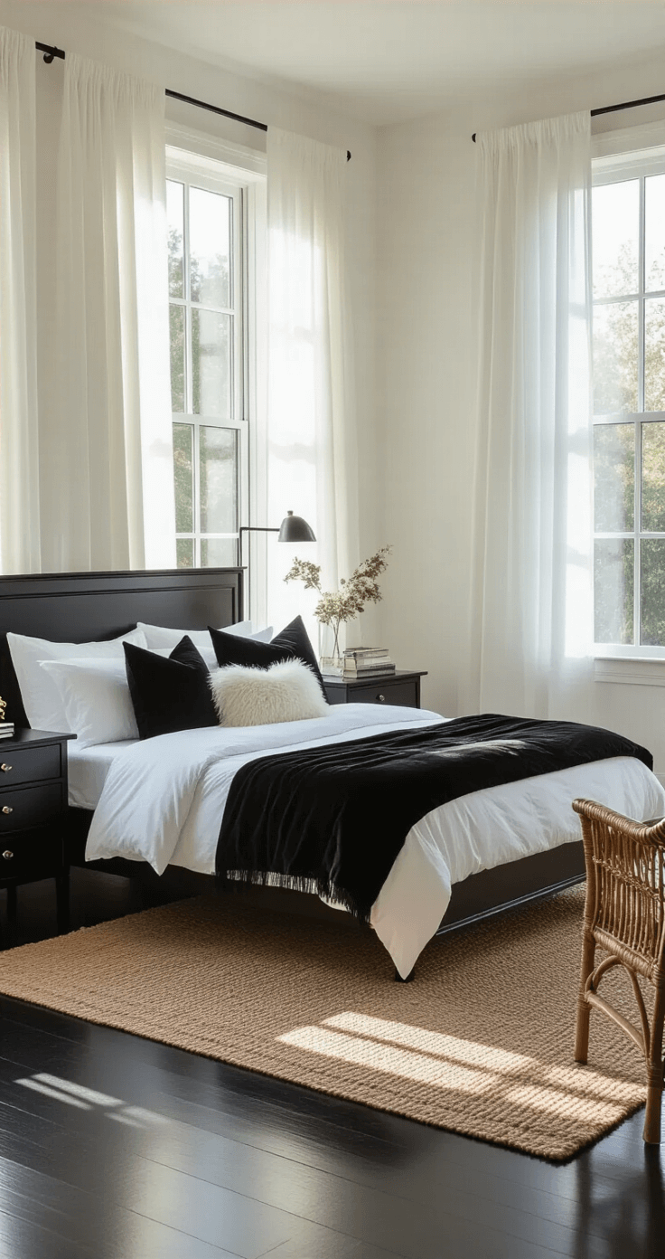 A spacious morning-lit bedroom featuring a king-size bed with white linens and a black velvet throw, surrounded by textured pillows, a sleek black dresser, a jute rug, and a rattan chair, all depicted from the doorway.