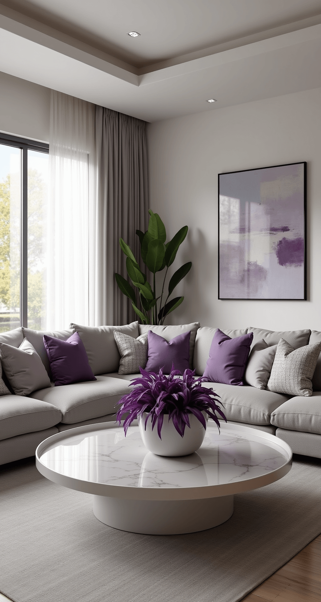 Modern minimalist living room with high ceilings, featuring a large gray sectional with lavender and silver pillows, a Purple Heart plant on a white coffee table, and an abstract painting, all illuminated by soft morning light through sheer curtains.