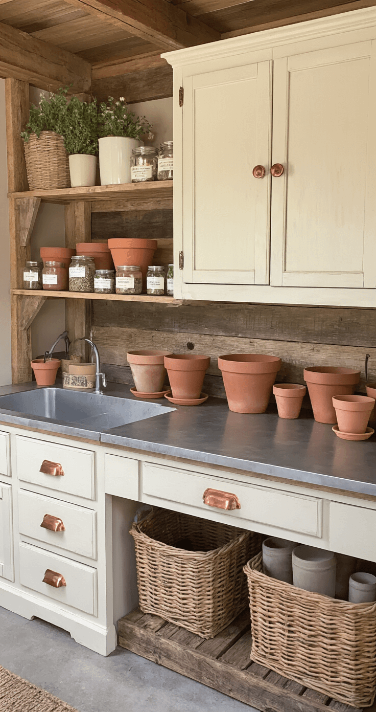 Interior of a medium-sized garden shed showcasing a custom potting station with reclaimed barn wood countertops and a zinc-topped work surface, organized tool storage, vintage cream apothecary cabinets with copper pulls, and terracotta pots on rustic wooden shelving, captured from above at a 45-degree angle in soft mid-morning light.