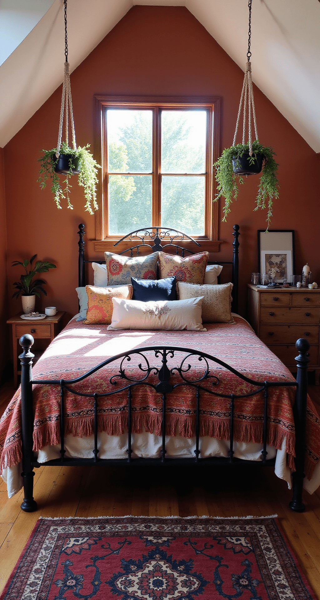 Eclectic bohemian bedroom with slanted ceilings and a dormer window, featuring a wrought iron bed draped in a colorful Moroccan wedding blanket, mismatched pillows, and macramé plant hangers with Purple Heart plants. The room has terracotta-colored walls, a vintage dresser with crystals and air plants, and Persian rugs in rich jewel tones, all illuminated by dappled midday sunlight.