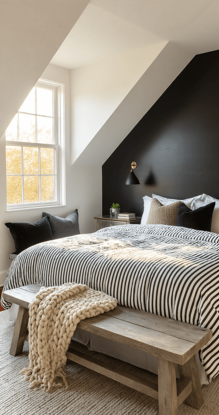 A cozy bedroom with slanted ceilings and a dormer window, featuring a queen-size bed with a black and white striped duvet, various textured throw pillows, a matte black accent wall, a mirrored bedside table, and a chunky knit throw on a weathered wooden bench, all illuminated by warm, golden hour light.