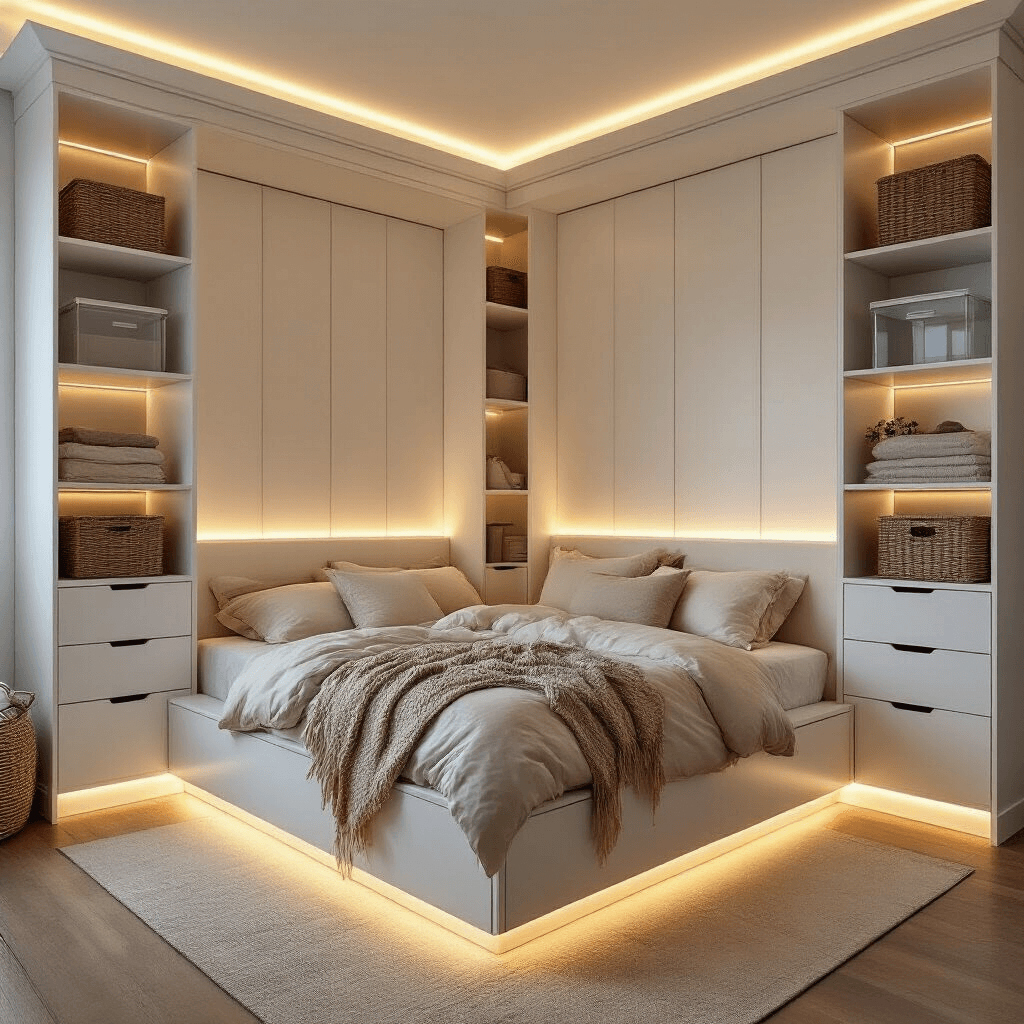 A sophisticated 12x14ft bedroom at dusk, featuring warm LED strip lighting, a platform bed with built-in storage dressed in cream linens, floor-to-ceiling white shelving units flanking the bed, and a mix of woven baskets and clear acrylic organizers, captured from an elevated corner perspective.