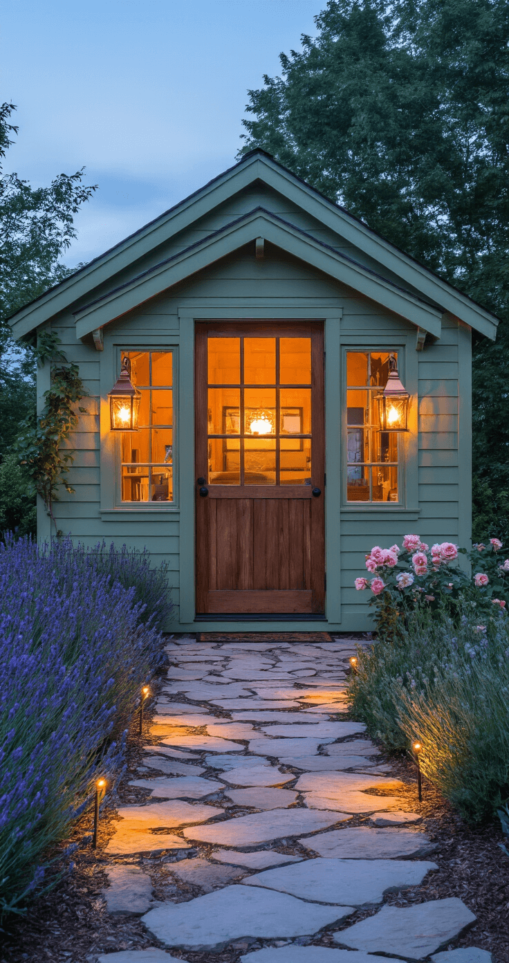 Dusk exterior view of a cozy 10x12ft cottage shed with warm interior light glowing through the windowpanes, flanked by copper lanterns and a sage green carved wooden door. A stone path illuminated by solar garden lights winds through a garden of lavender and roses, creating a magical twilight atmosphere.