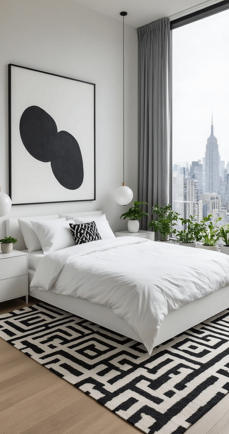 An airy modern bedroom with floor-to-ceiling windows overlooking a cityscape, featuring a low-profile platform bed, crisp white linens, a geometric black and white area rug, glossy nightstands with ceramic lamps, and a large abstract canvas, all illuminated by soft midday light.
