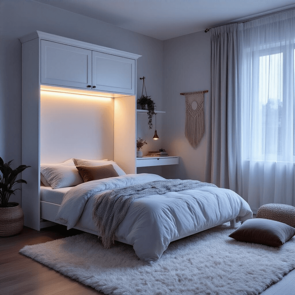 A serene 9x11ft bedroom at blue hour, featuring a matte white Murphy bed wall system with integrated LED lighting, a compact desk that emerges when folded up, a high-pile ivory wool rug, macramé wall hangings, and soft neutral velvet accent pillows, all illuminated by moonlight filtering through gossamer curtains.