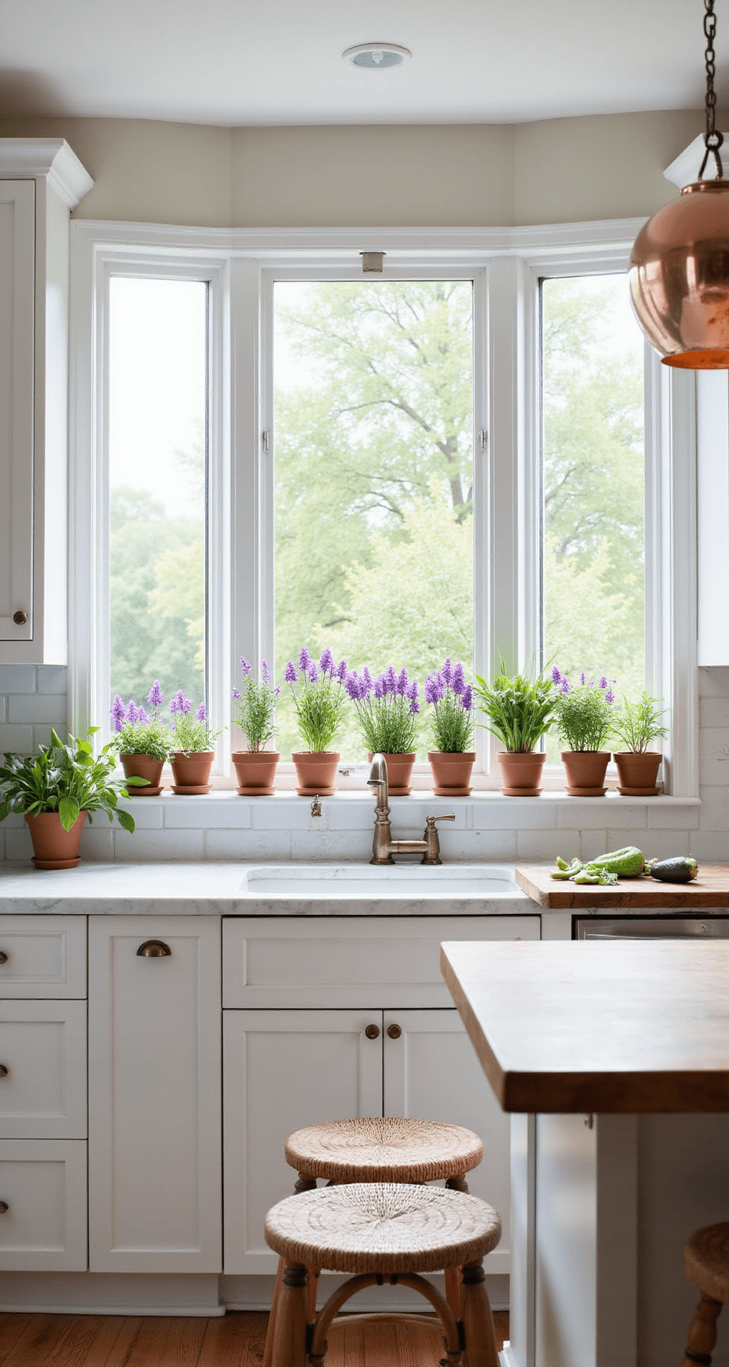 A bright, airy kitchen with a large bay window showcasing a row of vibrant purple Purple Heart plant cuttings on the sill, white shaker cabinets, and marble countertops slightly blurred in the background, illuminated by late morning light.