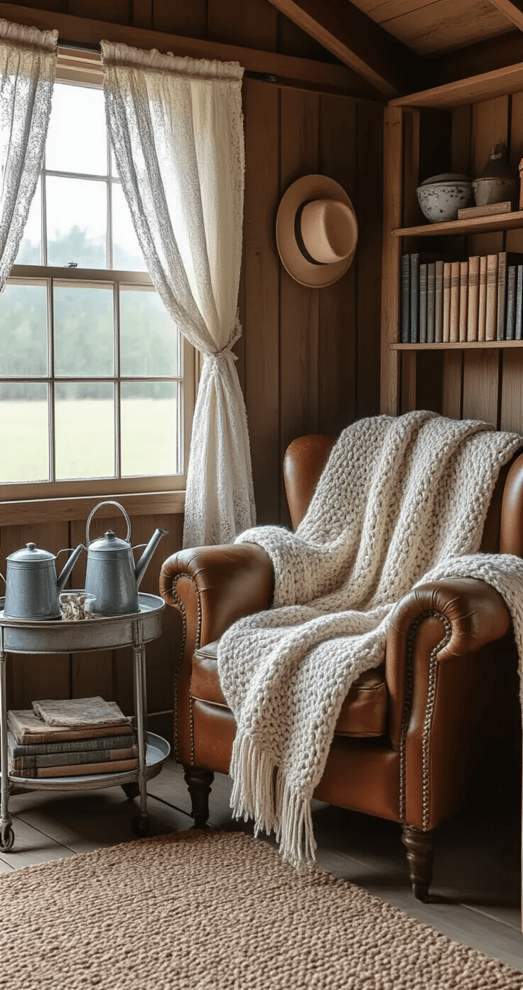 Corner of a shed interior featuring a vintage seating area with a weathered leather armchair adorned with cream and dusty blue hand-knit throws. An antique tea cart beside it holds gardening books and an enamel watering can, while warm afternoon light filters through lace curtains, creating an intimate, cozy atmosphere.