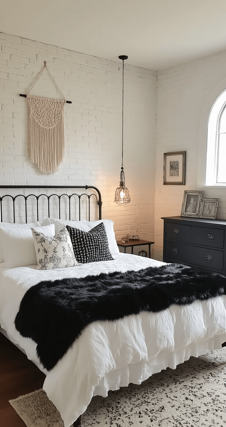 A cozy 10x12 ft guest bedroom with white-painted exposed brick walls, featuring a wrought iron bed with layered white linens and black faux fur throw. Twilight glow streams through an arched window, illuminating mismatched patterned pillows. A distressed black wooden dresser and a macramé wall hanging add charm to the intimate space, captured from the doorway with warm, dim lighting.