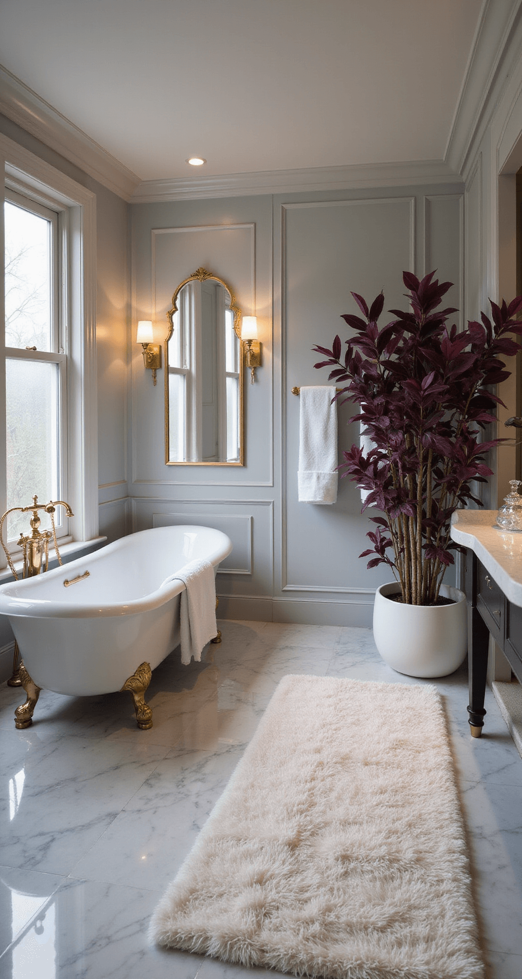 Luxurious master bathroom featuring a freestanding clawfoot tub, a cascading Purple Heart plant, polished marble floors, pale gray walls, gold accents, and warm, dim lighting for a spa-like atmosphere.