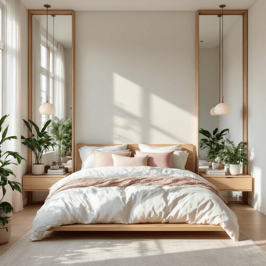 A bright and spacious 11x13ft bedroom at midday, featuring a floor-to-ceiling mirrored wall, a low natural wood bed with cloud-like white bedding and blush and sage pillows, modern floating nightstands, and potted plants, captured from a high angle with natural light.