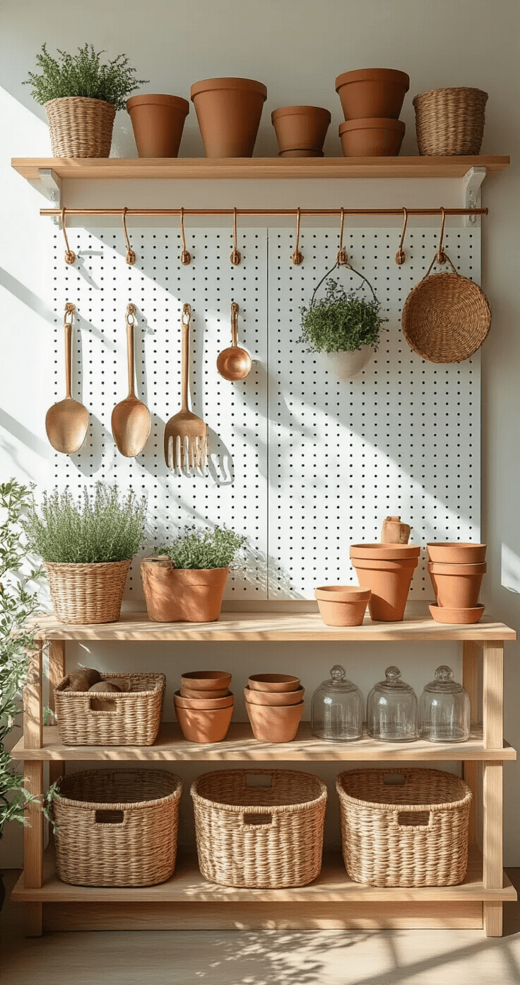 Overhead view of a white-painted pegboard storage wall with copper hooks displaying vintage garden tools, woven baskets, and dried herbs, alongside natural wood shelves with terra cotta pots and glass cloches, illuminated by morning light casting dramatic shadows.