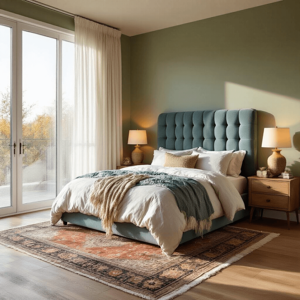 A serene primary bedroom featuring a dusty blue upholstered headboard against a sage green wall, bathed in golden hour sunlight. The room includes ivory linen bedding, chunky knit throws, a vintage Persian rug, brass bedside tables with ceramic lamps, and sheer white curtains, all captured from a low angle near the doorway.