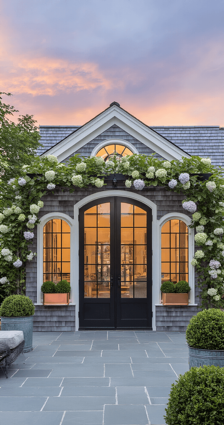 Luxury shed with custom greenhouse at sunset, featuring grey cedar shakes, white trim, and black iron hardware; framed by hydrangeas and copper window boxes, set on a bluestone patio with vintage zinc containers and topiary.