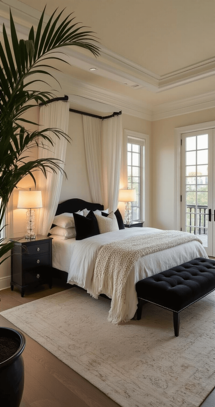 A luxurious master suite featuring a grand four-poster bed with sheer white curtains, layered linens, and contrasting black accents, complemented by twin mirrored nightstands with crystal lamps, a black chaise lounge, and a potted palm, all illuminated by warm early evening light.