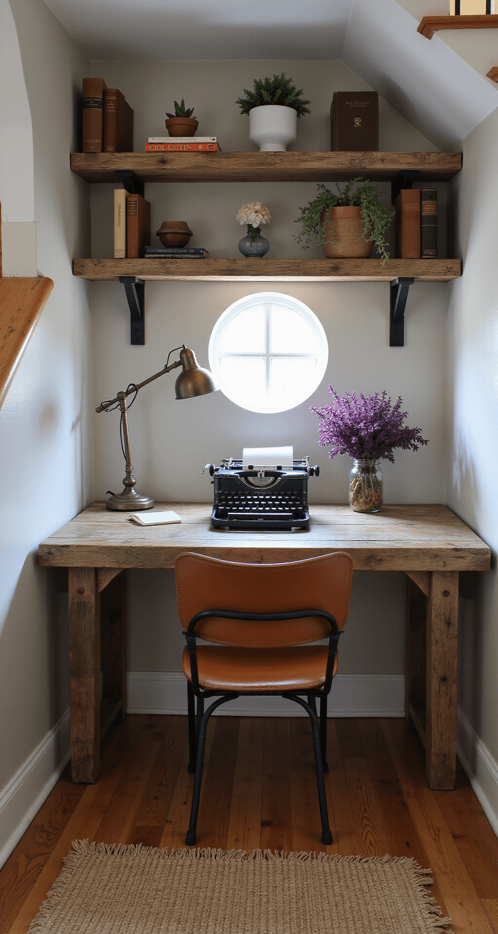 A rustic home office nook under a staircase, featuring a reclaimed wood desk with a vintage typewriter and a mason jar of vibrant Purple Heart cuttings, illuminated by mid-morning light from a round window. Floating shelves with leather-bound books and succulents, an antique brass lamp, and a mix of iron and distressed leather chair complete the cozy atmosphere, all atop a jute rug on wide-plank pine flooring.