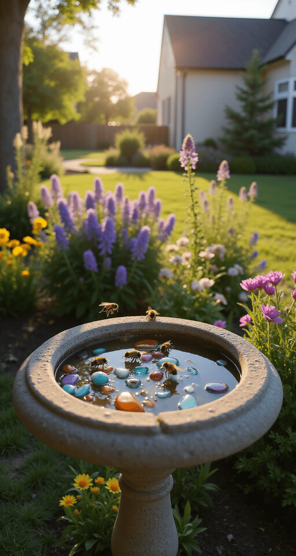 A low-angle view of a sunlit suburban backyard featuring a weathered stone birdbath filled with clear water and colorful glass pebbles. Bees are seen hovering and landing on the pebbles, while a vibrant flower garden in purples, yellows, and pinks surrounds the scene. Soft golden hour light casts long shadows, creating a serene and vibrant atmosphere.