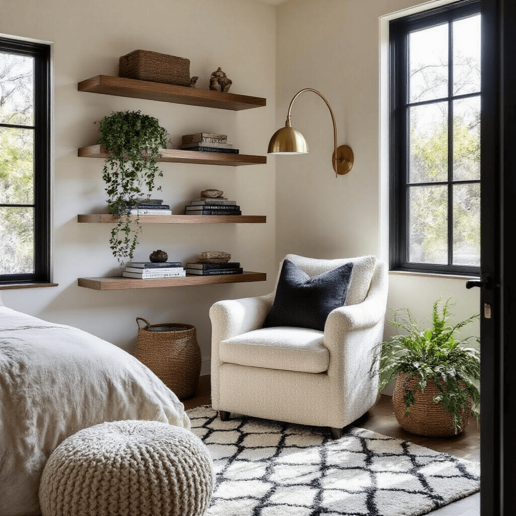 An elevated view of a luxurious primary bedroom corner featuring a cozy reading nook with a plush cream boucle armchair and a modern brass arc lamp, surrounded by walnut floating shelves with travel mementos and art books. Late afternoon light casts dramatic shadows through a black-framed window, enhancing the sophisticated atmosphere, complemented by a Moroccan wool pouf, a woven basket planter with trailing plants, and a thick geometric area rug in charcoal and ivory.
