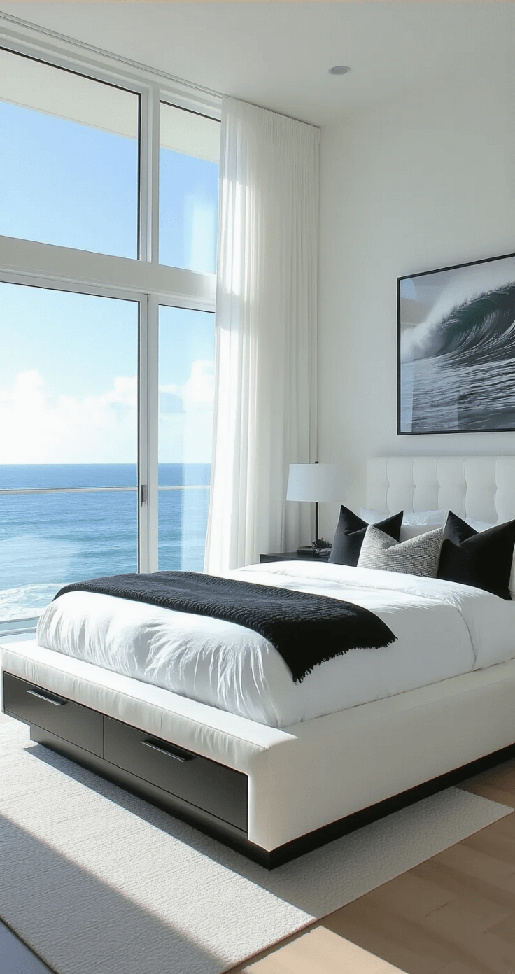 Contemporary 13x15 ft bedroom with floor-to-ceiling windows revealing an ocean view, featuring a floating platform bed with white linens and textured black and gray pillows, a sleek black dresser, and sheer white curtains billowing in the breeze.