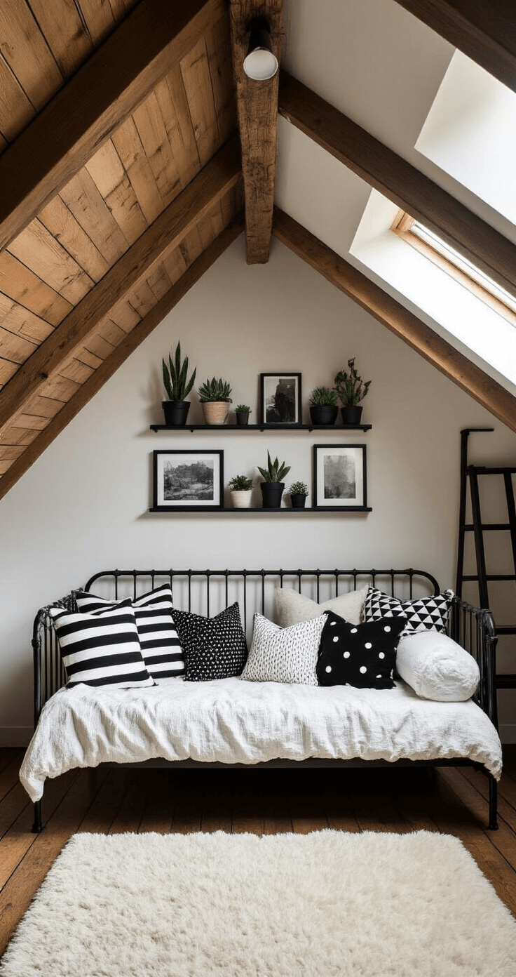 Cozy attic bedroom with exposed wooden beams, skylight, wrought iron daybed adorned with black and white patterned pillows, fluffy white rug on wooden floorboards, black ladder bookshelf with books and succulents, vintage black and white photographs on the wall, captured from a low angle in soft, diffused morning light.
